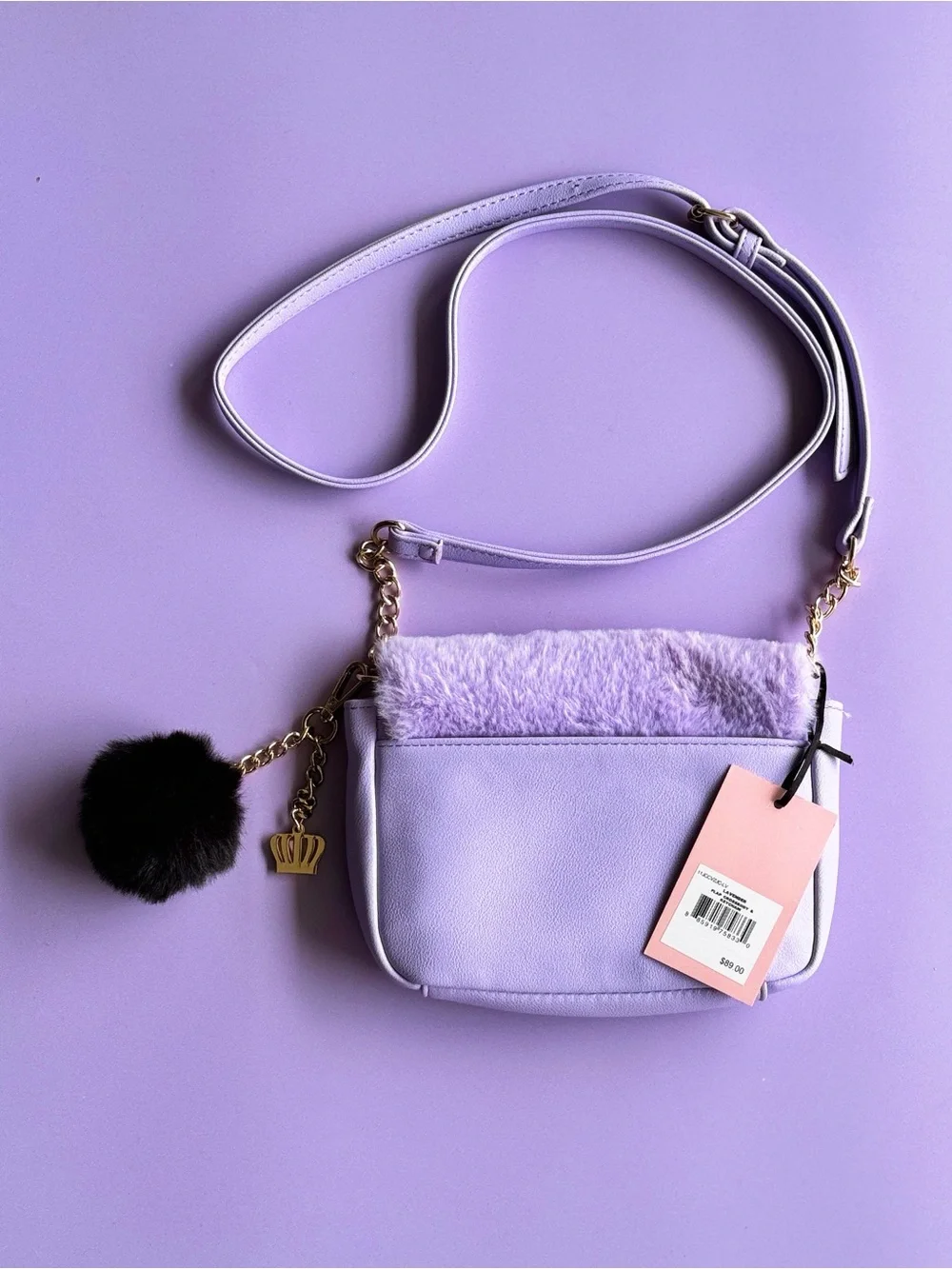 Y2K Juicy Couture Fluffy Purple Fur Gold Logo Crossbody Bag With Keychain NWT